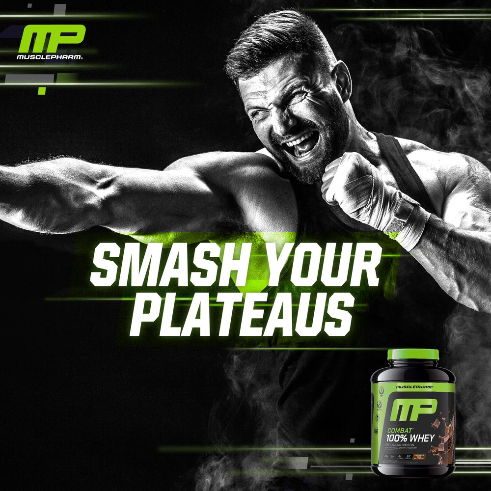 MusclePharm Combat whey chocolate milk label closeup indicating testing certifications