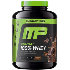 MusclePharm Combat whey chocolate milk tub showing protein content and flavor appeal for post-workout recovery