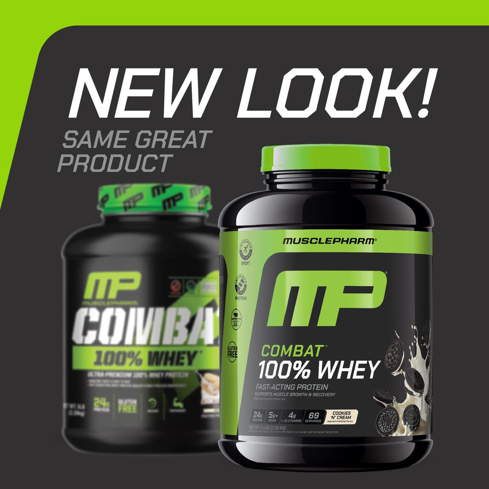 Scoop of MusclePharm Combat whey protein ready to mix after training