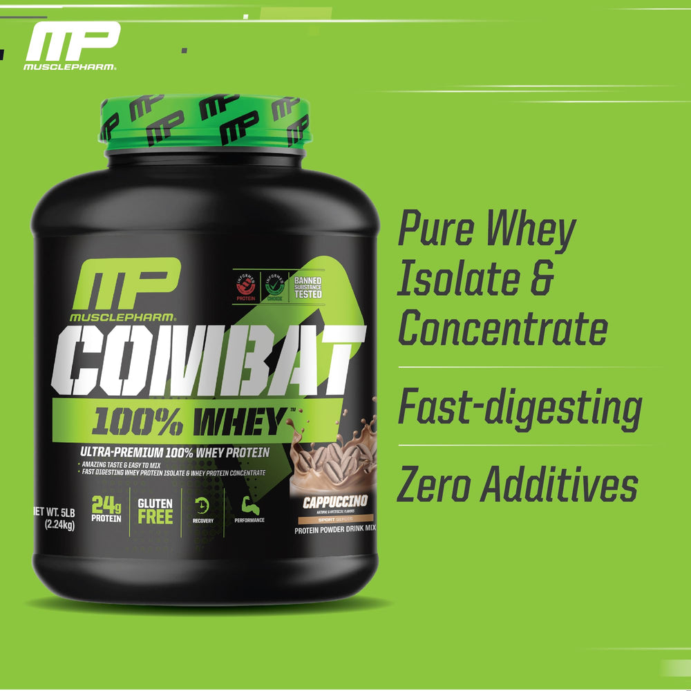 MusclePharm Combat Whey scoop demonstrates precise serving for fueling workouts