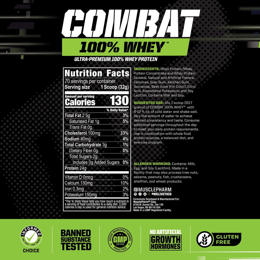 MusclePharm Combat Whey Strawberry Cream scoop shows easy-to-measure servings for workouts.