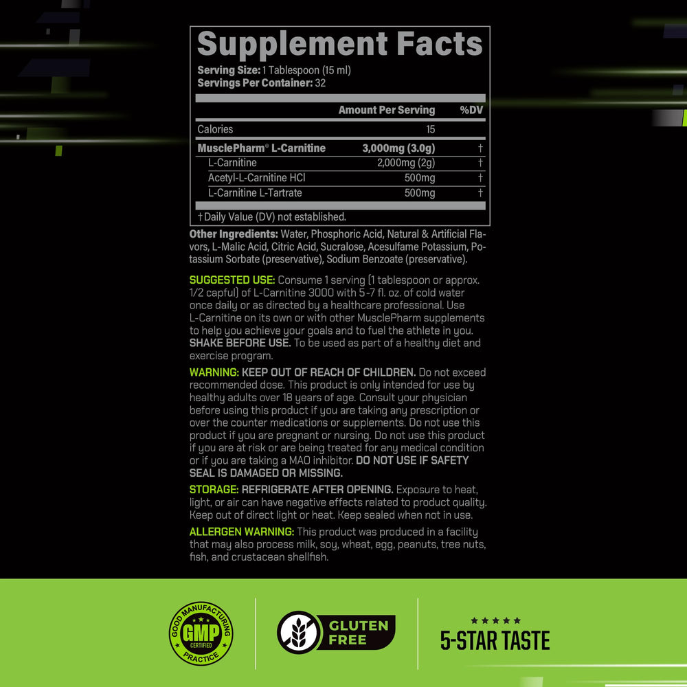 MusclePharm L-Carnitine 3000 measuring spoon shows serving size for pre-workout energy
