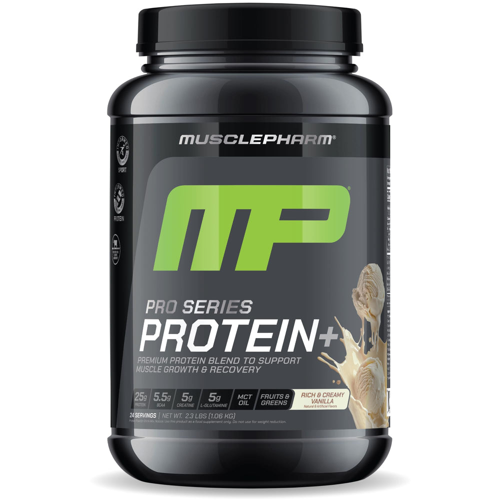 MusclePharm Pro Series Protein+ creamy vanilla bottle for post-workout protein support.
