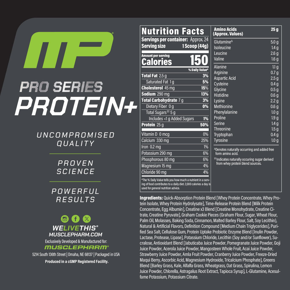 MusclePharm Pro Series Protein+ powder tub shows the 7-in-1 formula for athletes.