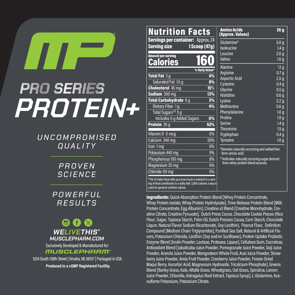 MusclePharm Pro Series Protein+ scoop emphasizes the 7-in-1 blend for recovery