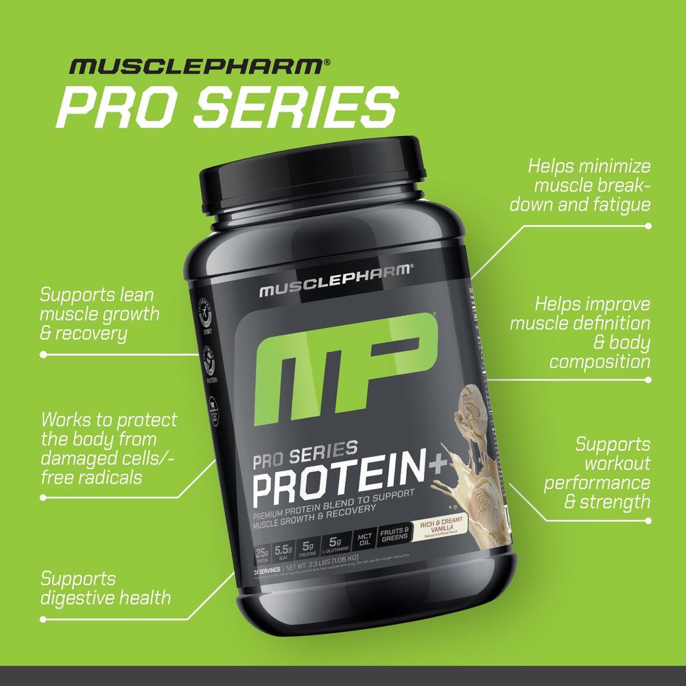 MusclePharm Pro Series Protein+ scoop pouring into a shaker for quick mix.
