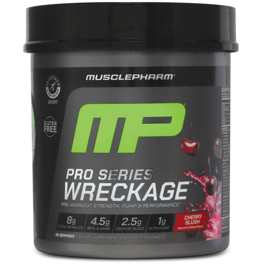 MusclePharm WRECKAGE pre-workout bottle in Cherry Slush fuels clean energy for training.