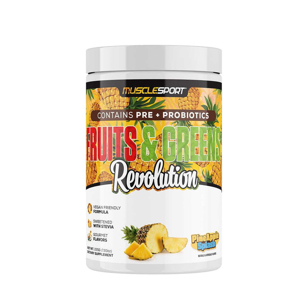 Musclesport Fruits & Greens Pineapple Splash bottle supports daily antioxidant intake.