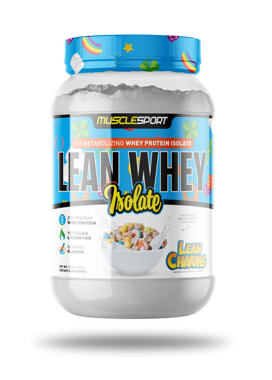 MuscleSport Lean Whey Revolution bottle pour shows quick-dissolve protein for post-workout use.