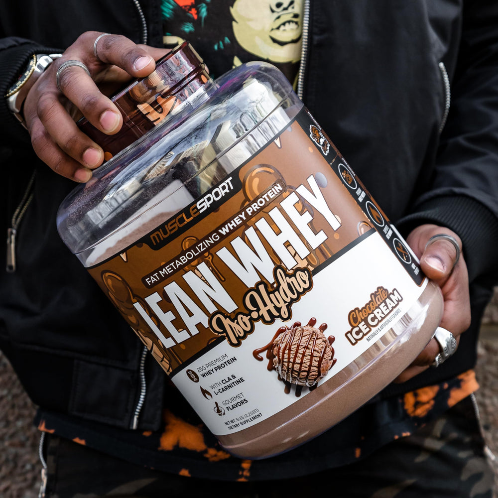Musclesport chocolate ice cream flavor jar hints at indulgent, creamy taste.