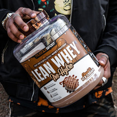 Musclesport chocolate ice cream flavor jar hints at indulgent, creamy taste.