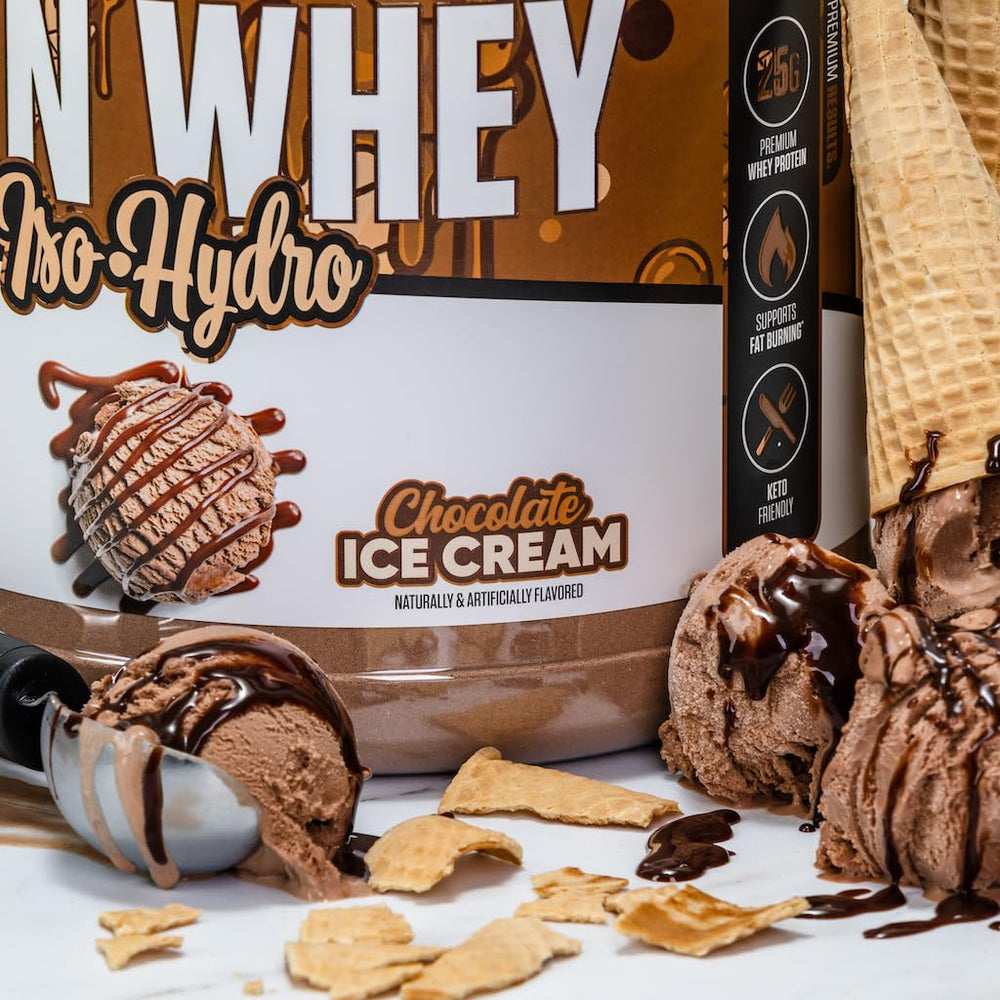 Musclesport Lean Whey Revolution chocolate ice cream powder close-up highlights flavor variety