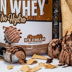 Musclesport Lean Whey Revolution chocolate ice cream powder close-up highlights flavor variety