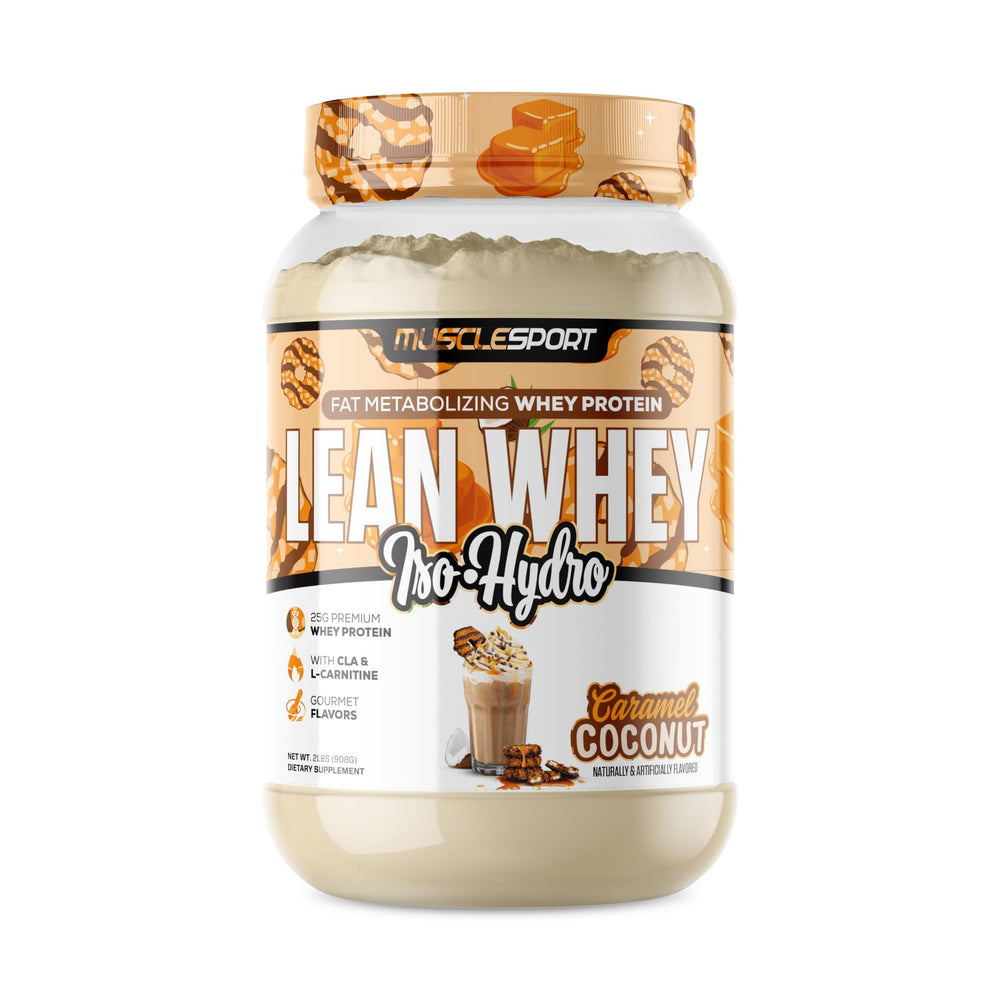 MuscleSport Lean Whey Revolution coconut caramel powder for a high-protein shake.