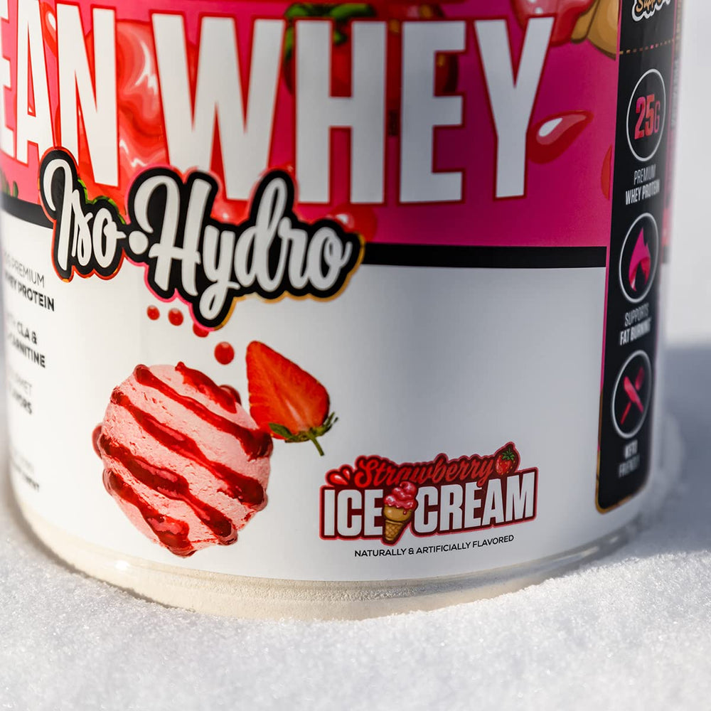 Musclesport Lean Whey Revolution flavor strawberry label highlighting flavor option.