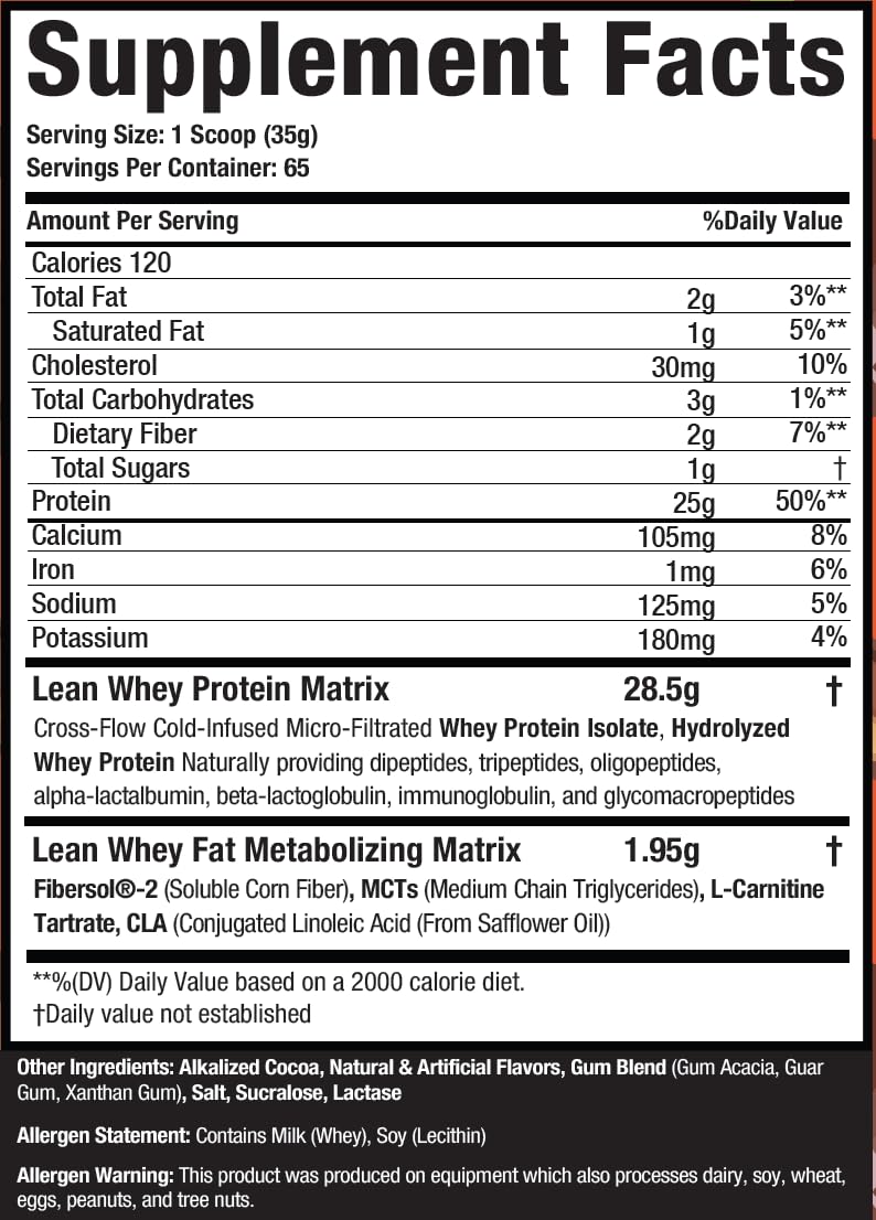 Musclesport Lean Whey Revolution tub with scoop shows low-calorie protein option.