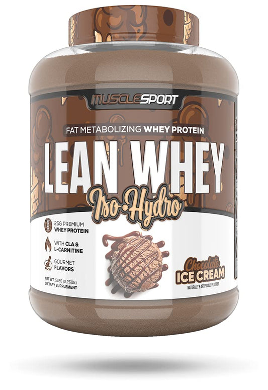 Musclesport Lean Whey Revolution tub highlights high protein quality for lean gains.