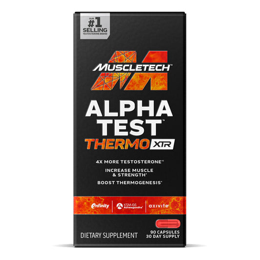 MuscleTech AlphaTest Thermo XTR bottle label showing a potent testosterone support formula