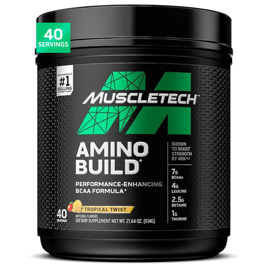 MuscleTech Amino Build Tropical Twist bottle displayed on a gym shelf to cue flavor and fueling