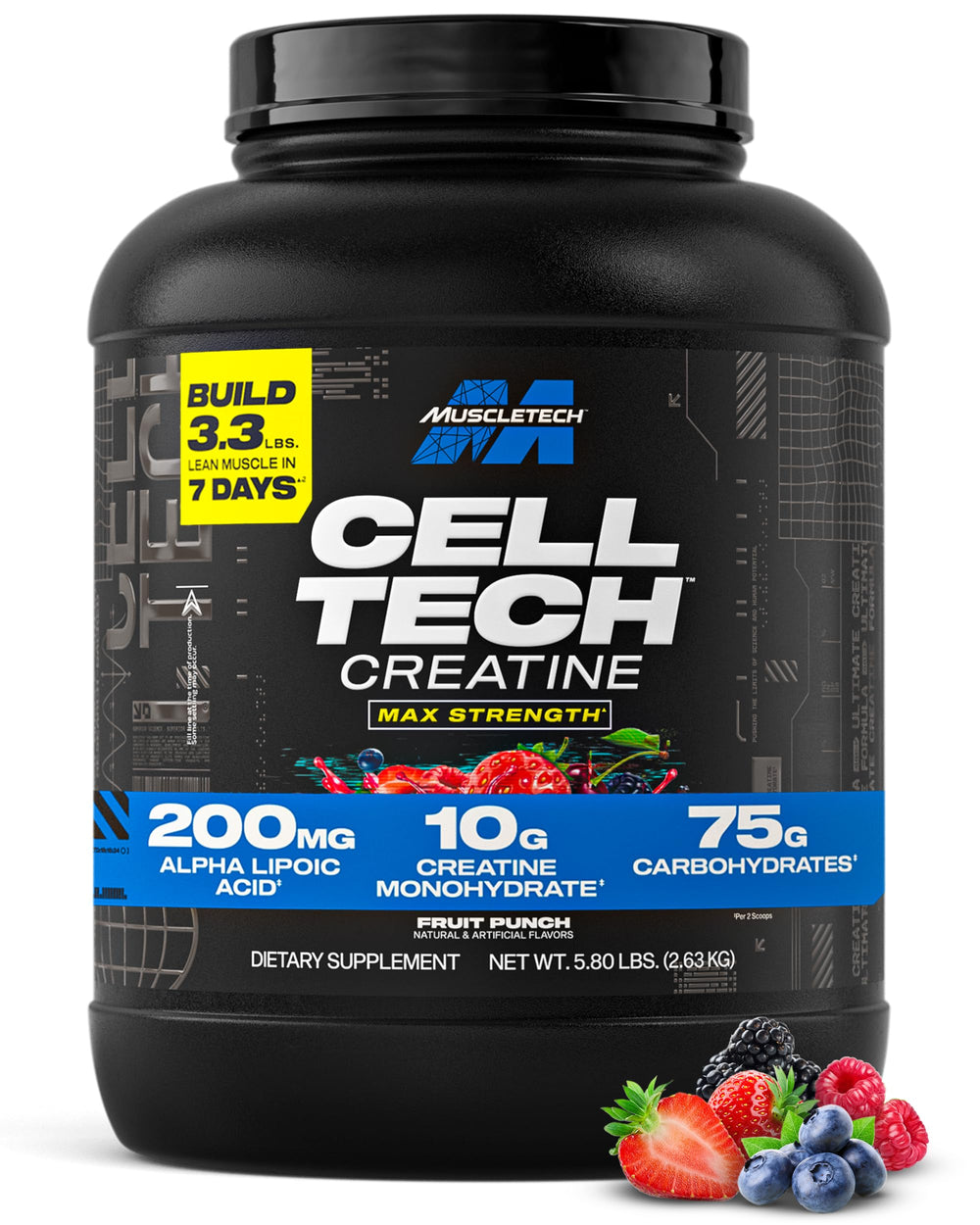 MuscleTech Cell-Tech creatine powder jar showcasing packaging for post-workout use.