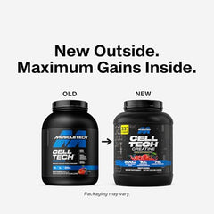 MuscleTech Cell-Tech fruit punch scoop illustrates convenient serving for quick recovery.