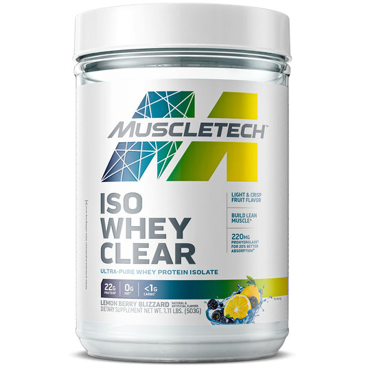 Muscletech Clear Whey Lemon Berry Blizzard bottle showing vibrant flavor.