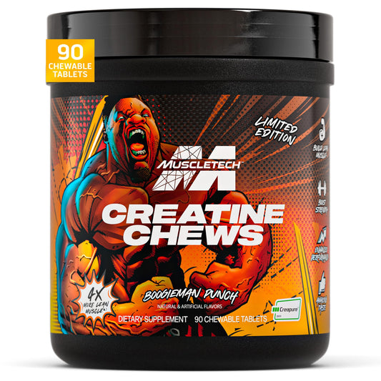 MuscleTech Creatine Chews bottle-front shows Creapure formula for convenient workouts.