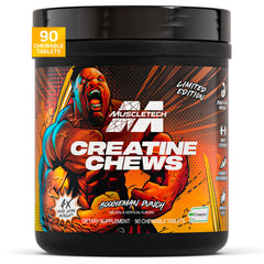MuscleTech Creatine Chews bottle-front shows Creapure formula for convenient workouts.