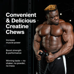 Close-up of the Boogieman Punch flavor highlights MuscleTech Creatine Chews taste.