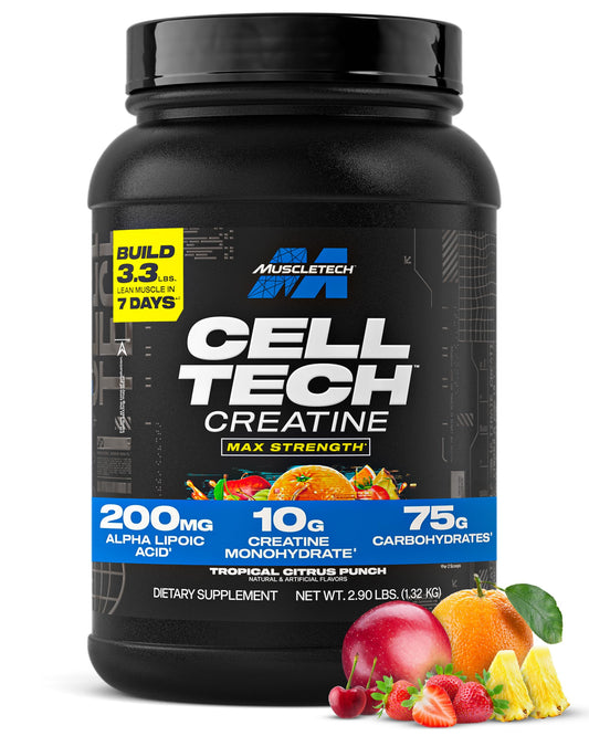 MuscleTech Cell-Tech creatine bottle shown for post-workout support and flavor appeal.