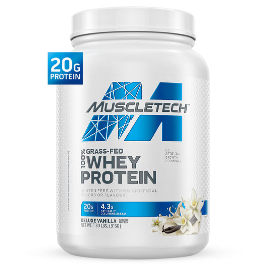 MuscleTech Grass-Fed Whey Deluxe Vanilla tub ready for shakes and smoothies.