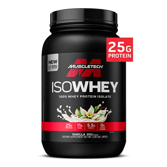 MuscleTech IsoWhey Vanilla bottle front showing premium protein powder for lean muscle support