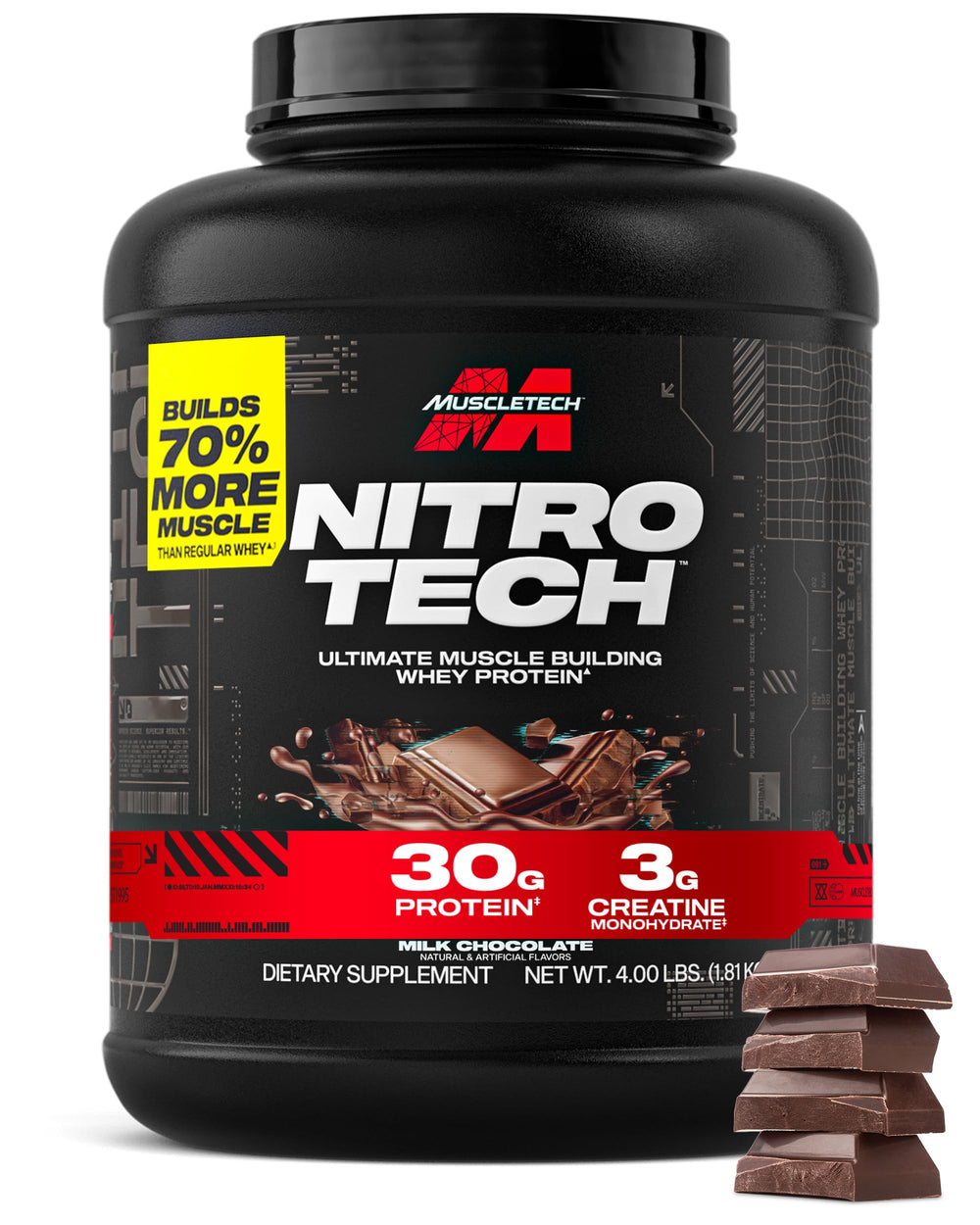 MuscleTech Nitro-Tech milk chocolate tub supports lean muscle goals.
