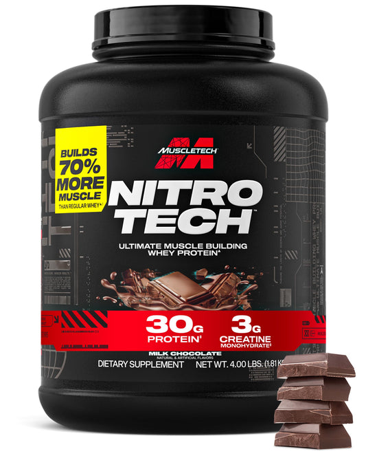 MuscleTech Nitro-Tech milk chocolate tub supports lean muscle goals.