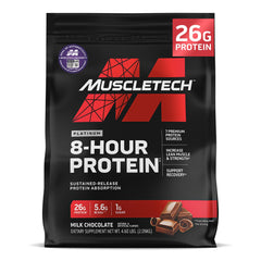 Muscletech Platinum 8-Hour protein front showing premium blend for steady amino delivery