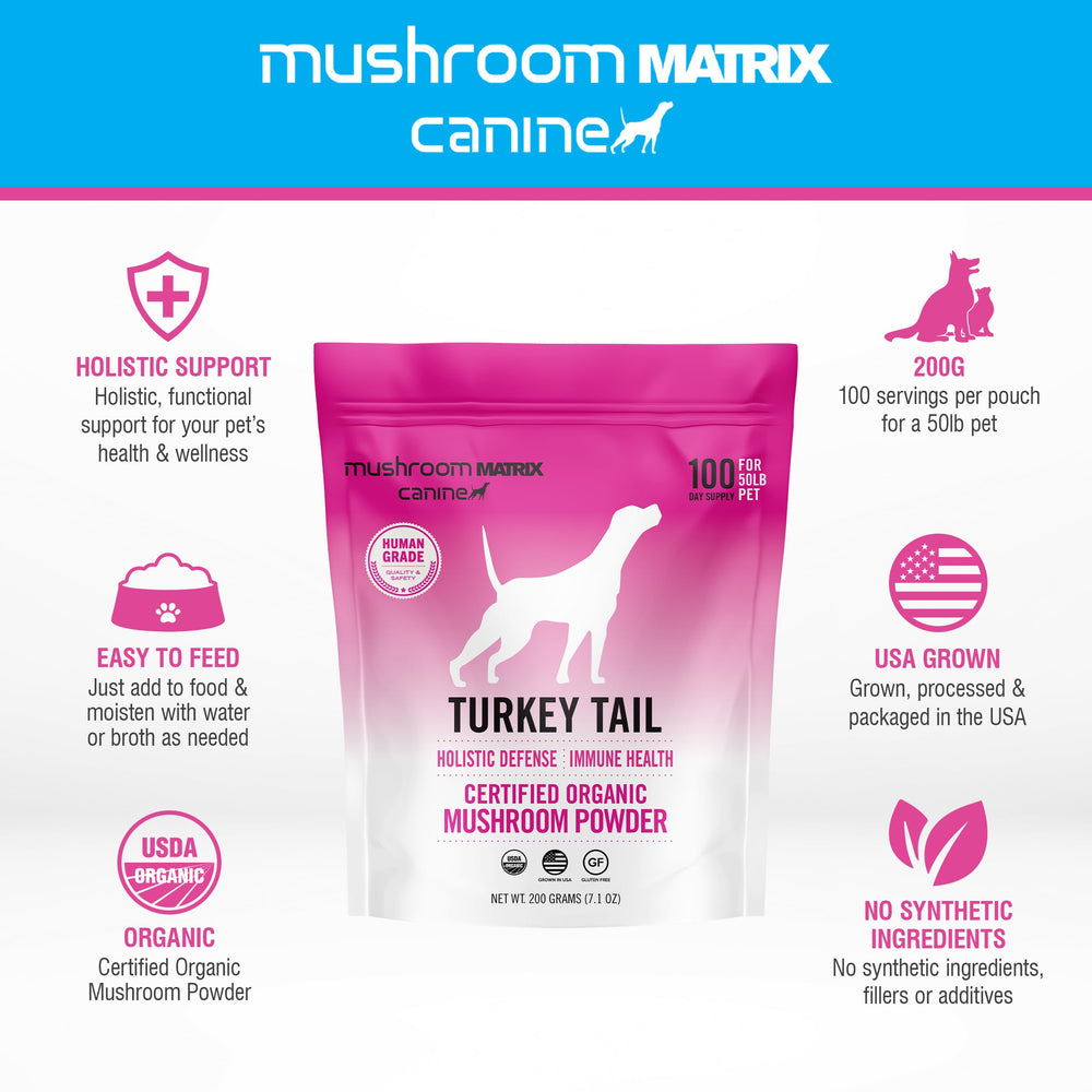 Mushroom Matrix powder being sprinkled into pet food for holistic support.