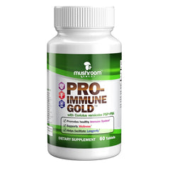 Mushroom Remedy PRO-Immune Gold bottle highlighting vegan immune support.