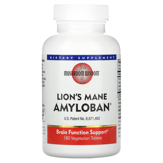 Mushroom Wisdom Amyloban 3399 bottle front with vegetarian tablets for daily use