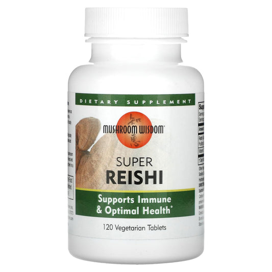 Mushroom Wisdom Super Extract Reishi bottle front, log-grown mushrooms for daily wellness.
