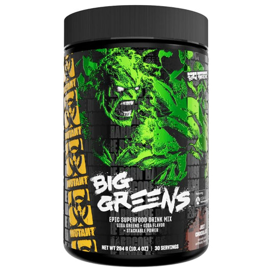 Mutant Big Greens Just Chocolate tub front for daily greens boost.
