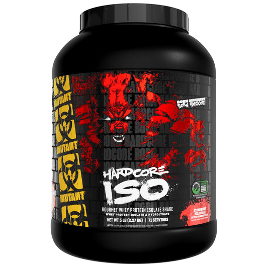 Mutant Hardcore ISO Whey bottle in strawberry milkshake flavor for post-workout fueling.