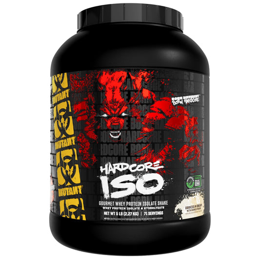 Mutant Hardcore ISO Whey tub front; premium protein for post-workout fueling
