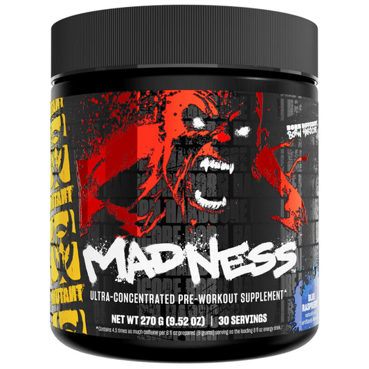 Mutant Madness blue raspberry tub for high-energy workouts.