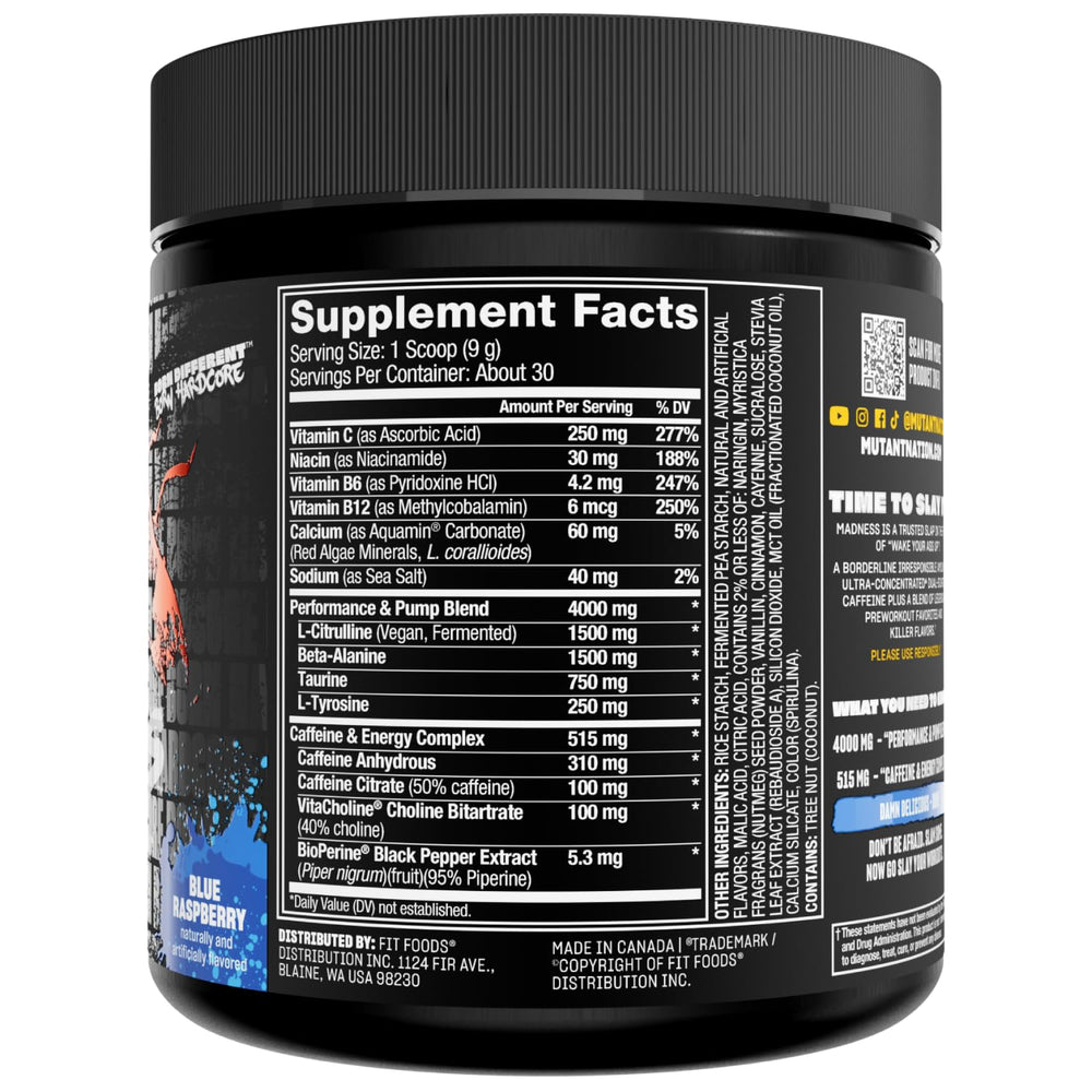 Mutant Madness caffeine energy complex close-up emphasizes energy boost.