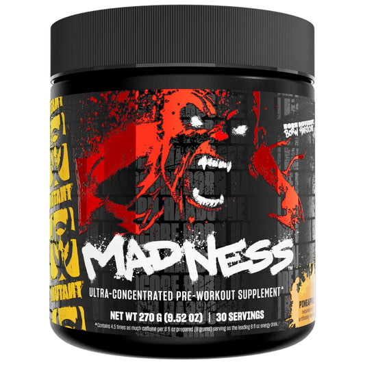 Mutant Madness front label communicates branding for reliable pre-workout energy.