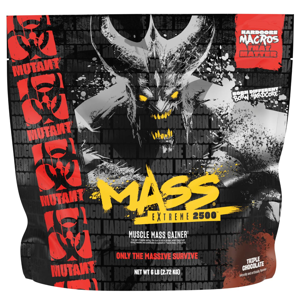 Mutant Mass Extreme 2500 bottle front, high calorie mass gainer for hard gainers