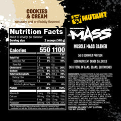 Mutant Mass ingredients list featuring barley, sweet potato, oats, and oils