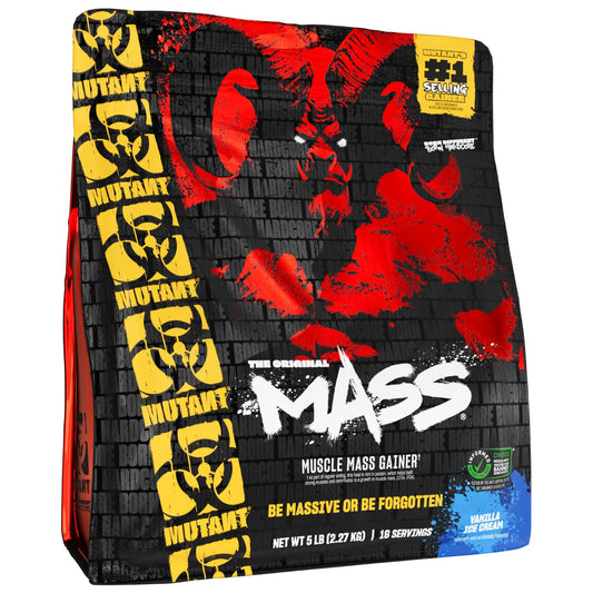 Mutant Mass vanilla ice cream tub front view highlights high protein support.