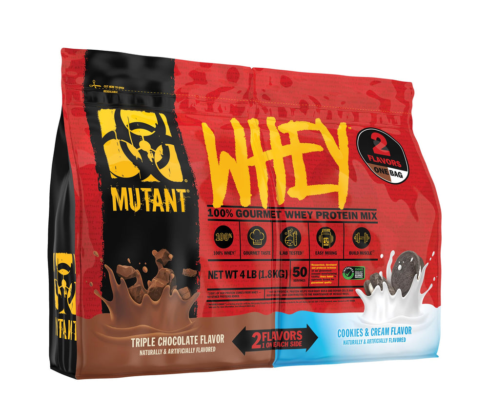 Mutant Whey Dual Chamber Triple Chocolate flavor, rich post-workout shake option.