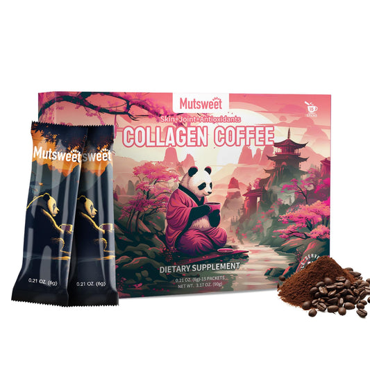 Mutsweet instant coffee collagen pack front highlights premium ingredients for daily vitality.